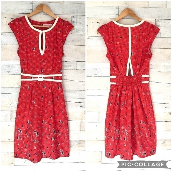 Trollied Dolly Red Sailboat Seaside Dress Medium - Picture 2 of 4